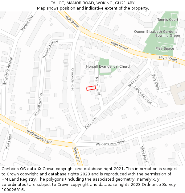 TAHOE, MANOR ROAD, WOKING, GU21 4RY: Location map and indicative extent of plot