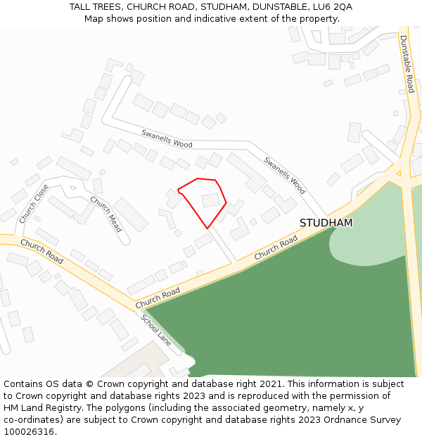 TALL TREES, CHURCH ROAD, STUDHAM, DUNSTABLE, LU6 2QA: Location map and indicative extent of plot