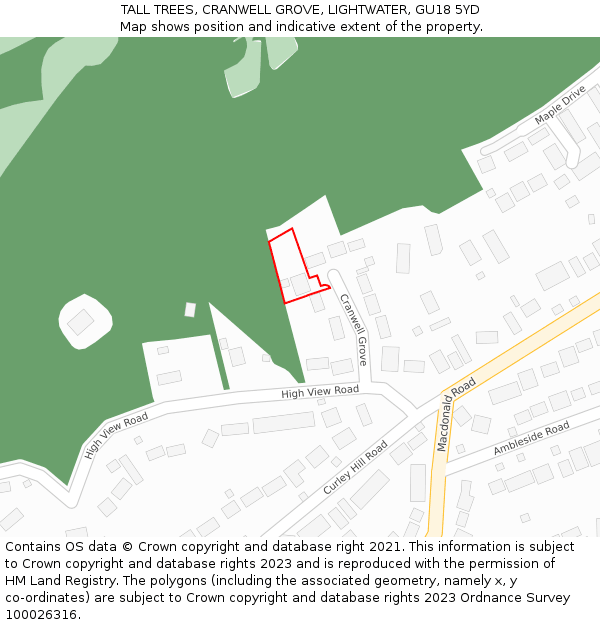 TALL TREES, CRANWELL GROVE, LIGHTWATER, GU18 5YD: Location map and indicative extent of plot