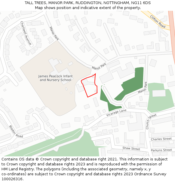 TALL TREES, MANOR PARK, RUDDINGTON, NOTTINGHAM, NG11 6DS: Location map and indicative extent of plot