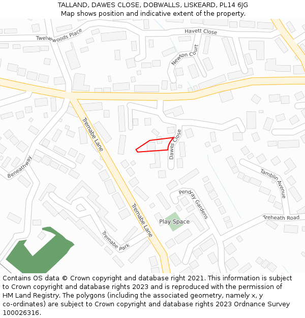 TALLAND, DAWES CLOSE, DOBWALLS, LISKEARD, PL14 6JG: Location map and indicative extent of plot