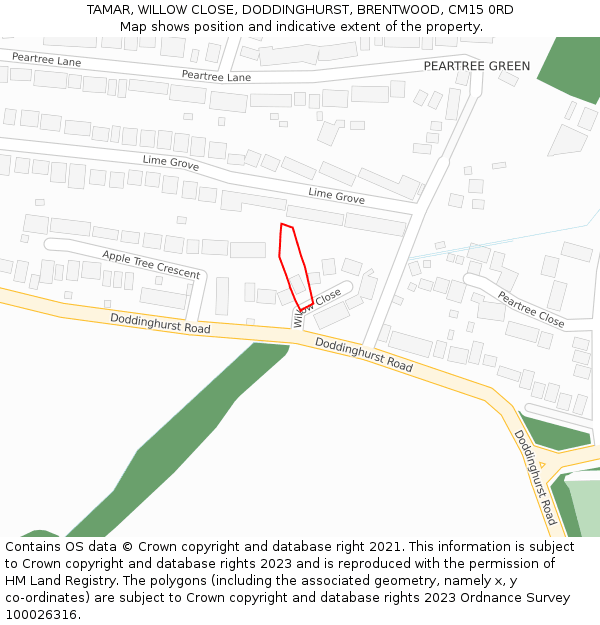 TAMAR, WILLOW CLOSE, DODDINGHURST, BRENTWOOD, CM15 0RD: Location map and indicative extent of plot