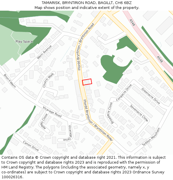 TAMARISK, BRYNTIRION ROAD, BAGILLT, CH6 6BZ: Location map and indicative extent of plot