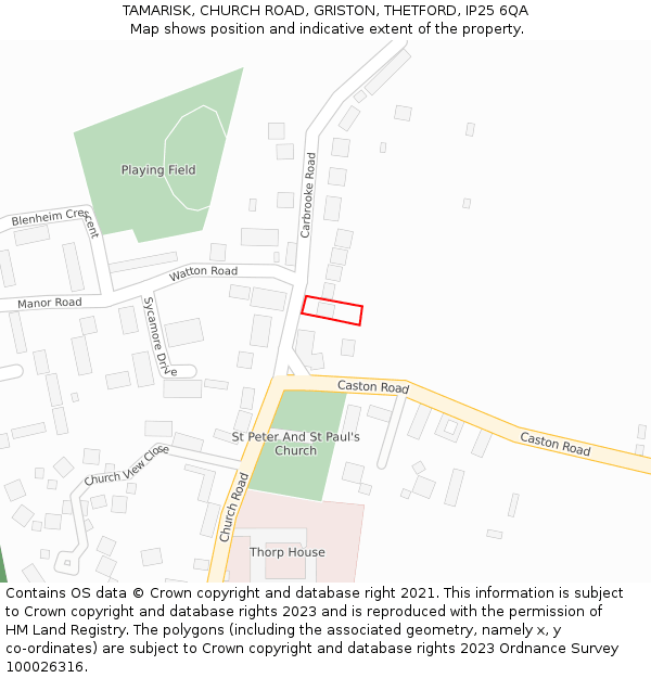 TAMARISK, CHURCH ROAD, GRISTON, THETFORD, IP25 6QA: Location map and indicative extent of plot