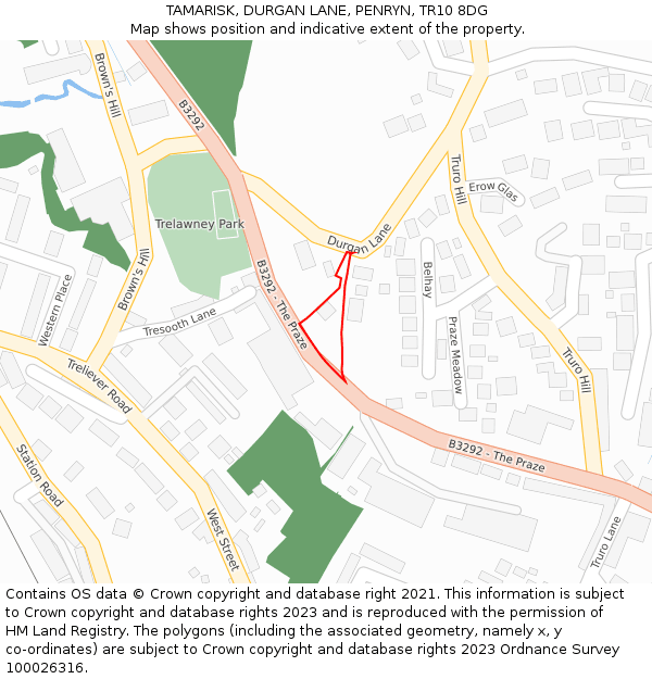 TAMARISK, DURGAN LANE, PENRYN, TR10 8DG: Location map and indicative extent of plot