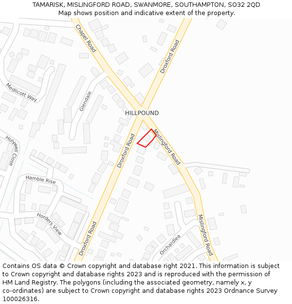 TAMARISK, MISLINGFORD ROAD, SWANMORE, SOUTHAMPTON, SO32 2QD: Location map and indicative extent of plot