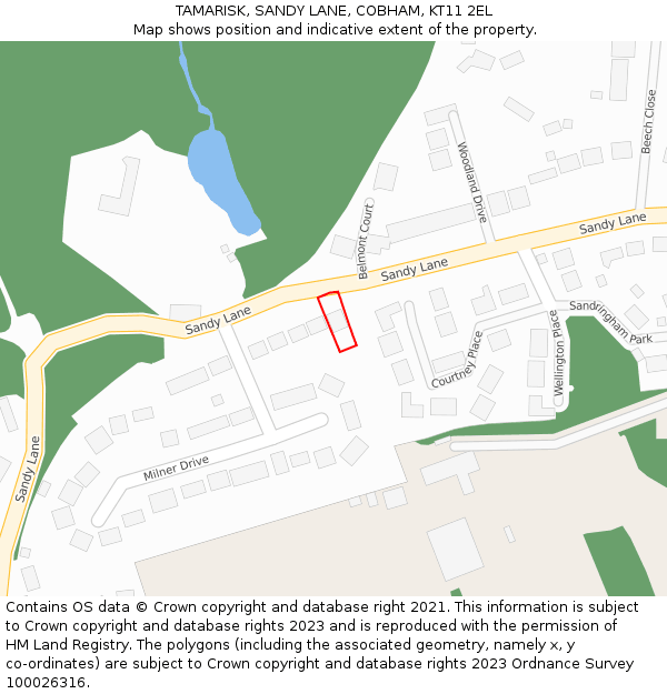 TAMARISK, SANDY LANE, COBHAM, KT11 2EL: Location map and indicative extent of plot
