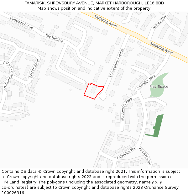 TAMARISK, SHREWSBURY AVENUE, MARKET HARBOROUGH, LE16 8BB: Location map and indicative extent of plot