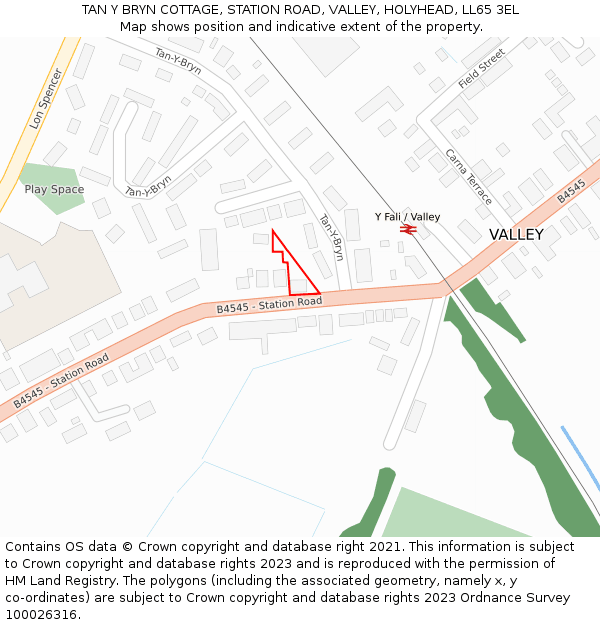 TAN Y BRYN COTTAGE, STATION ROAD, VALLEY, HOLYHEAD, LL65 3EL: Location map and indicative extent of plot