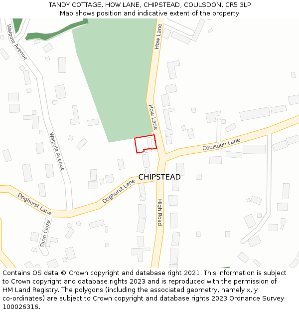 TANDY COTTAGE, HOW LANE, CHIPSTEAD, COULSDON, CR5 3LP: Location map and indicative extent of plot