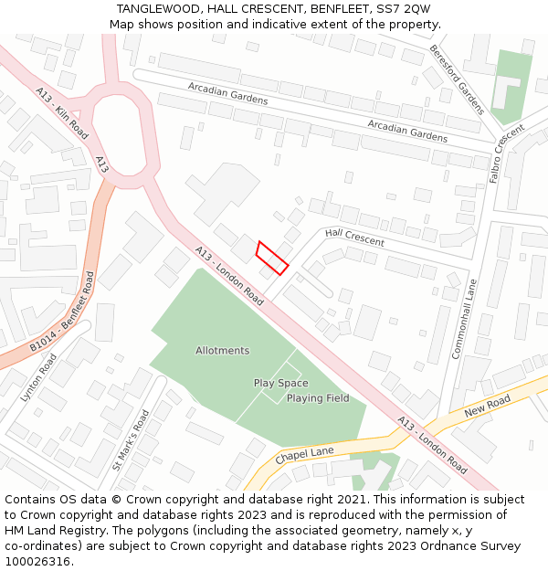 TANGLEWOOD, HALL CRESCENT, BENFLEET, SS7 2QW: Location map and indicative extent of plot