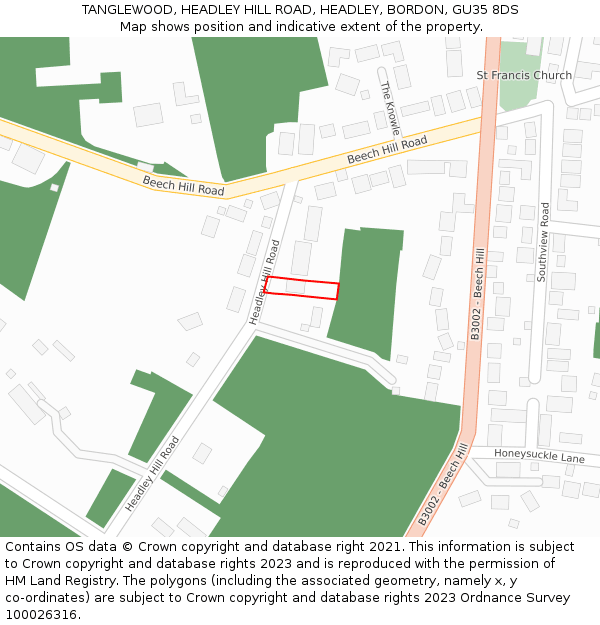 TANGLEWOOD, HEADLEY HILL ROAD, HEADLEY, BORDON, GU35 8DS: Location map and indicative extent of plot