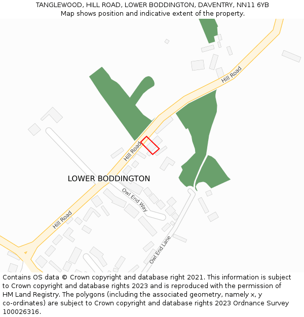 TANGLEWOOD, HILL ROAD, LOWER BODDINGTON, DAVENTRY, NN11 6YB: Location map and indicative extent of plot