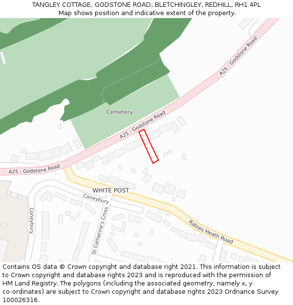 TANGLEY COTTAGE, GODSTONE ROAD, BLETCHINGLEY, REDHILL, RH1 4PL: Location map and indicative extent of plot