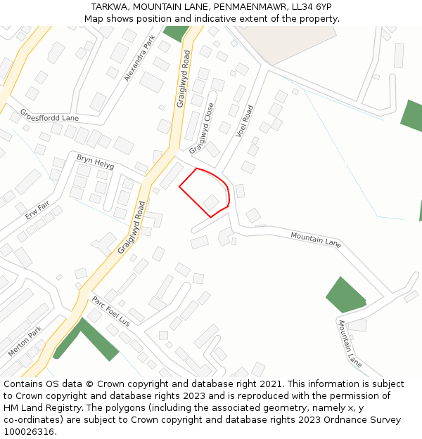 TARKWA, MOUNTAIN LANE, PENMAENMAWR, LL34 6YP: Location map and indicative extent of plot