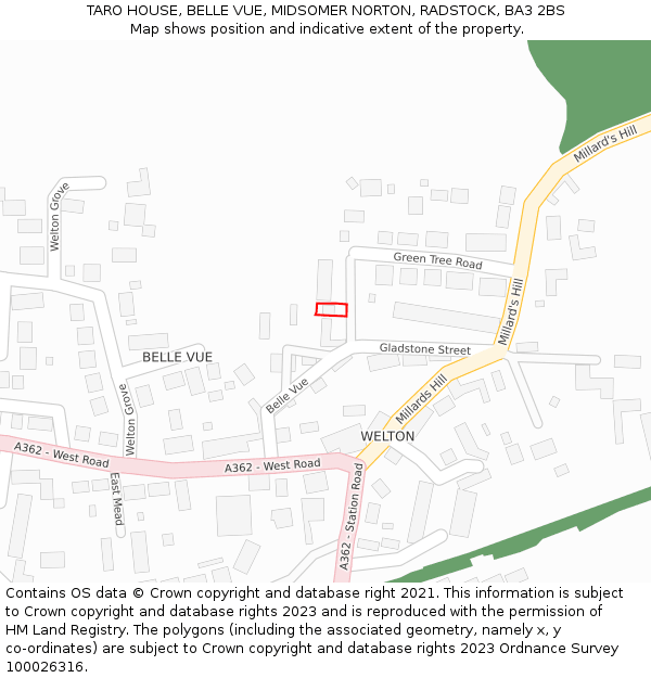 TARO HOUSE, BELLE VUE, MIDSOMER NORTON, RADSTOCK, BA3 2BS: Location map and indicative extent of plot