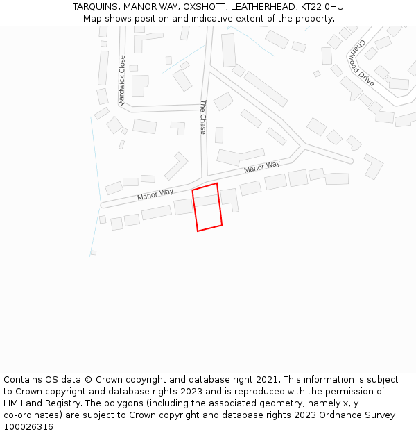 TARQUINS, MANOR WAY, OXSHOTT, LEATHERHEAD, KT22 0HU: Location map and indicative extent of plot