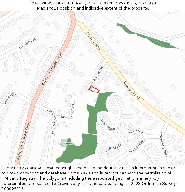 TAWE VIEW, GREYS TERRACE, BIRCHGROVE, SWANSEA, SA7 9QB: Location map and indicative extent of plot