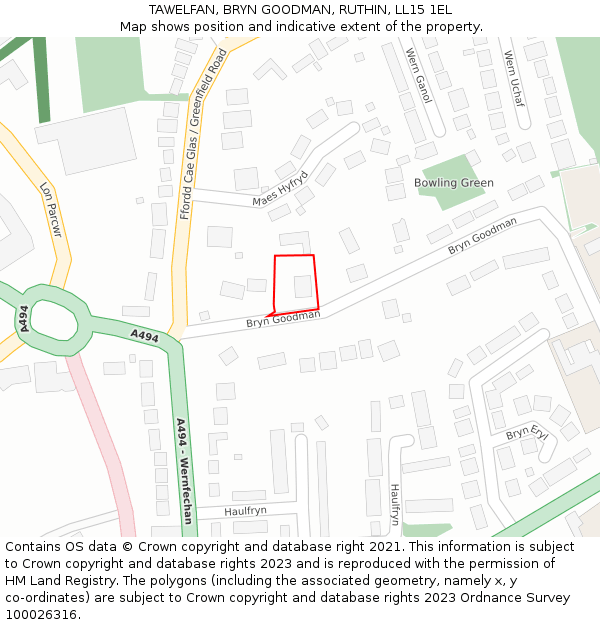 TAWELFAN, BRYN GOODMAN, RUTHIN, LL15 1EL: Location map and indicative extent of plot