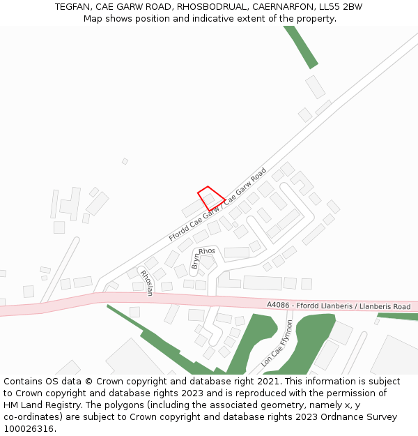 TEGFAN, CAE GARW ROAD, RHOSBODRUAL, CAERNARFON, LL55 2BW: Location map and indicative extent of plot