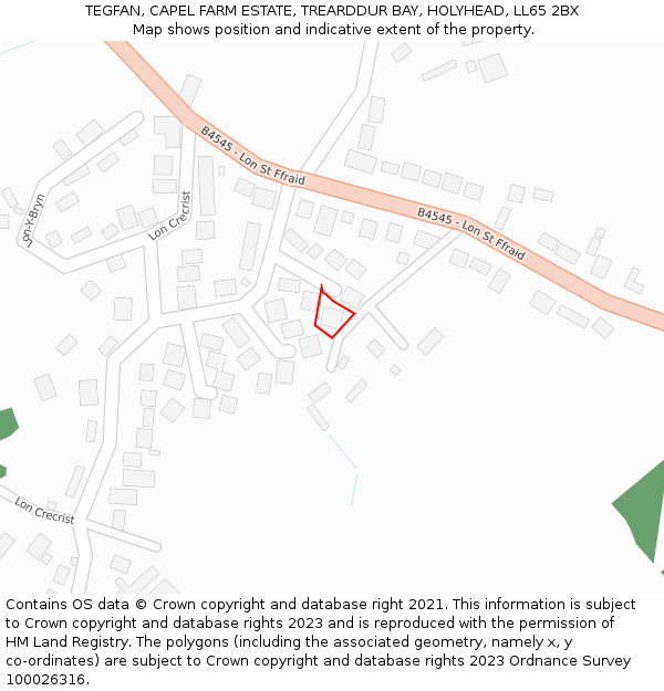 TEGFAN, CAPEL FARM ESTATE, TREARDDUR BAY, HOLYHEAD, LL65 2BX: Location map and indicative extent of plot