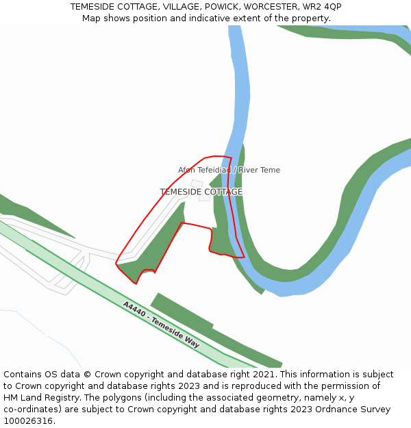 TEMESIDE COTTAGE, VILLAGE, POWICK, WORCESTER, WR2 4QP: Location map and indicative extent of plot