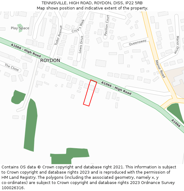 TENNISVILLE, HIGH ROAD, ROYDON, DISS, IP22 5RB: Location map and indicative extent of plot