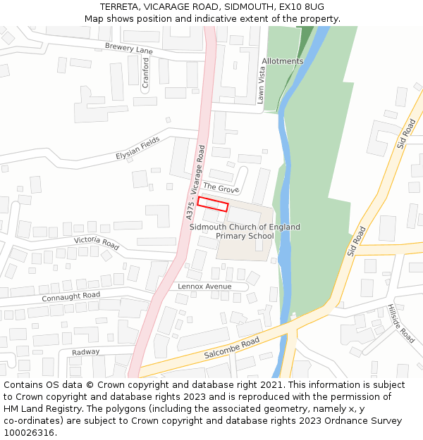 TERRETA, VICARAGE ROAD, SIDMOUTH, EX10 8UG: Location map and indicative extent of plot