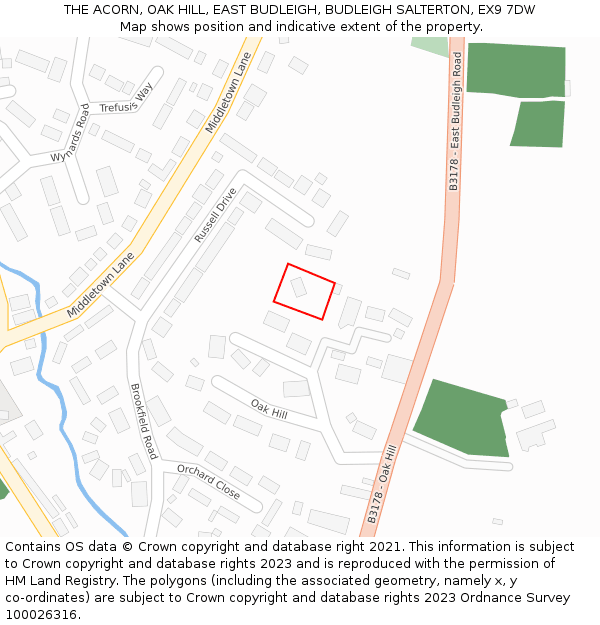THE ACORN, OAK HILL, EAST BUDLEIGH, BUDLEIGH SALTERTON, EX9 7DW: Location map and indicative extent of plot