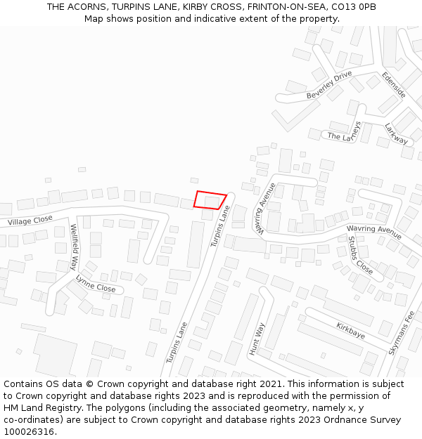 THE ACORNS, TURPINS LANE, KIRBY CROSS, FRINTON-ON-SEA, CO13 0PB: Location map and indicative extent of plot