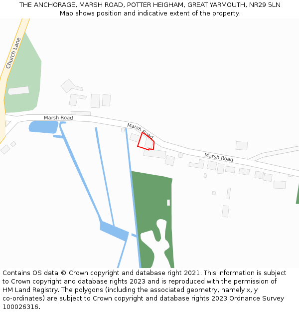 THE ANCHORAGE, MARSH ROAD, POTTER HEIGHAM, GREAT YARMOUTH, NR29 5LN: Location map and indicative extent of plot