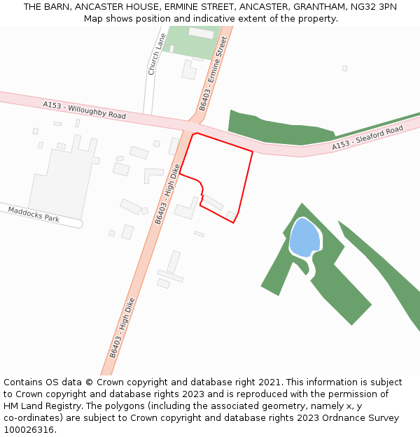 THE BARN, ANCASTER HOUSE, ERMINE STREET, ANCASTER, GRANTHAM, NG32 3PN: Location map and indicative extent of plot