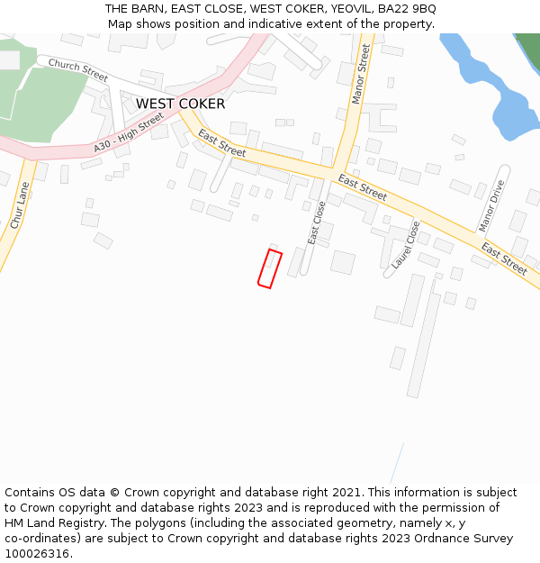 THE BARN, EAST CLOSE, WEST COKER, YEOVIL, BA22 9BQ: Location map and indicative extent of plot