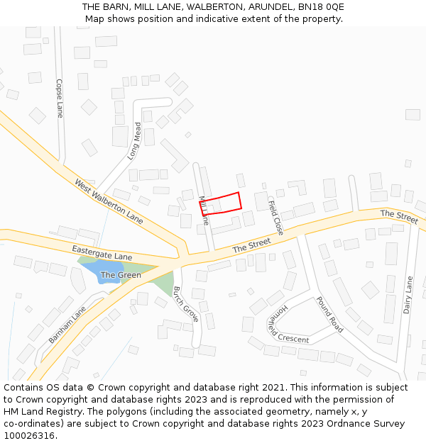 THE BARN, MILL LANE, WALBERTON, ARUNDEL, BN18 0QE: Location map and indicative extent of plot