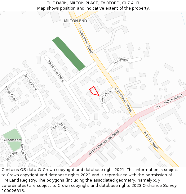 THE BARN, MILTON PLACE, FAIRFORD, GL7 4HR: Location map and indicative extent of plot