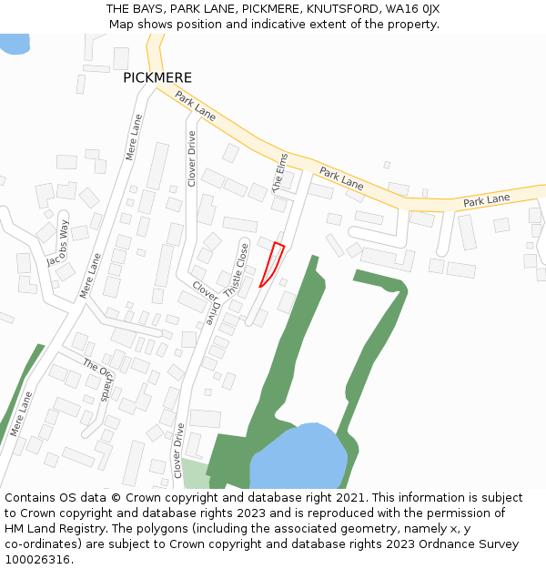 THE BAYS, PARK LANE, PICKMERE, KNUTSFORD, WA16 0JX: Location map and indicative extent of plot