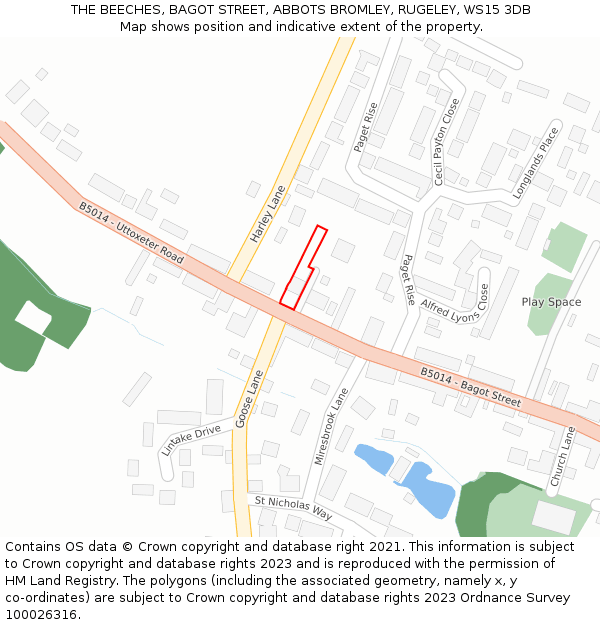 THE BEECHES, BAGOT STREET, ABBOTS BROMLEY, RUGELEY, WS15 3DB: Location map and indicative extent of plot