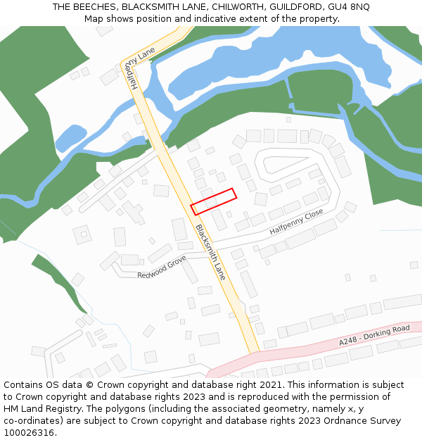 THE BEECHES, BLACKSMITH LANE, CHILWORTH, GUILDFORD, GU4 8NQ: Location map and indicative extent of plot