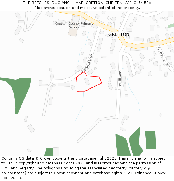 THE BEECHES, DUGLYNCH LANE, GRETTON, CHELTENHAM, GL54 5EX: Location map and indicative extent of plot