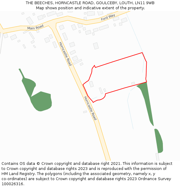 THE BEECHES, HORNCASTLE ROAD, GOULCEBY, LOUTH, LN11 9WB: Location map and indicative extent of plot