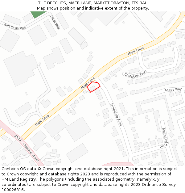 THE BEECHES, MAER LANE, MARKET DRAYTON, TF9 3AL: Location map and indicative extent of plot