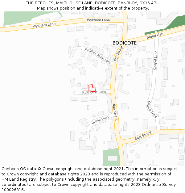 THE BEECHES, MALTHOUSE LANE, BODICOTE, BANBURY, OX15 4BU: Location map and indicative extent of plot