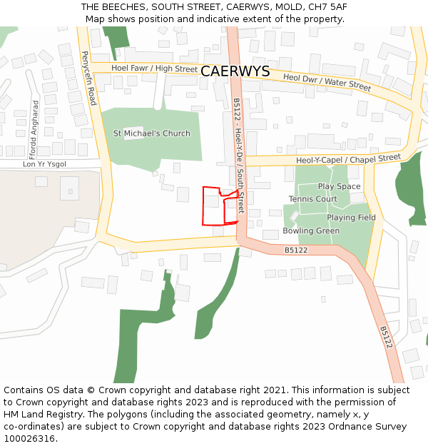 THE BEECHES, SOUTH STREET, CAERWYS, MOLD, CH7 5AF: Location map and indicative extent of plot