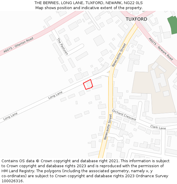 THE BERRIES, LONG LANE, TUXFORD, NEWARK, NG22 0LS: Location map and indicative extent of plot