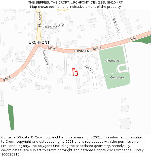 THE BERRIES, THE CROFT, URCHFONT, DEVIZES, SN10 4RT: Location map and indicative extent of plot