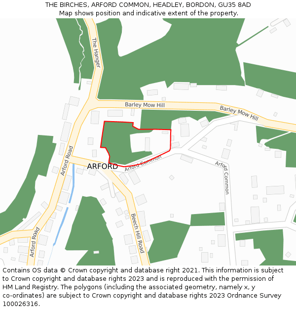 THE BIRCHES, ARFORD COMMON, HEADLEY, BORDON, GU35 8AD: Location map and indicative extent of plot