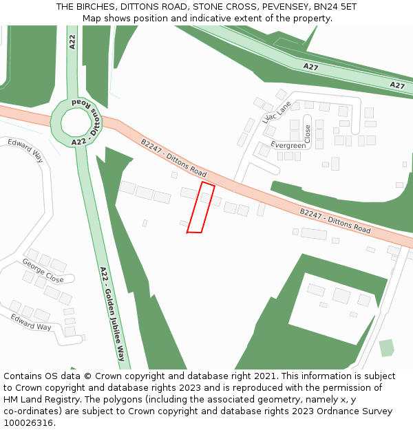 THE BIRCHES, DITTONS ROAD, STONE CROSS, PEVENSEY, BN24 5ET: Location map and indicative extent of plot
