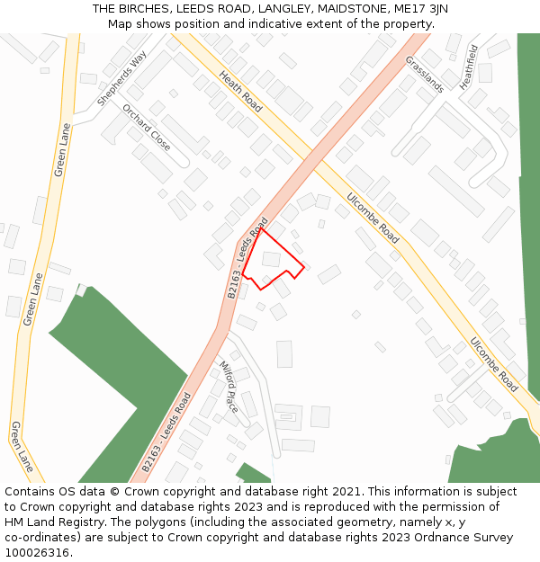 THE BIRCHES, LEEDS ROAD, LANGLEY, MAIDSTONE, ME17 3JN: Location map and indicative extent of plot