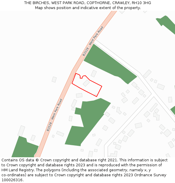 THE BIRCHES, WEST PARK ROAD, COPTHORNE, CRAWLEY, RH10 3HG: Location map and indicative extent of plot