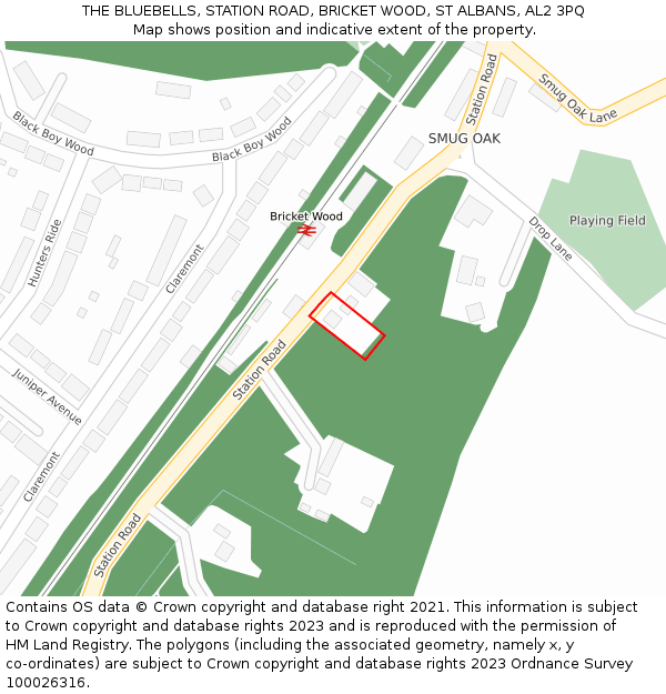 THE BLUEBELLS, STATION ROAD, BRICKET WOOD, ST ALBANS, AL2 3PQ: Location map and indicative extent of plot